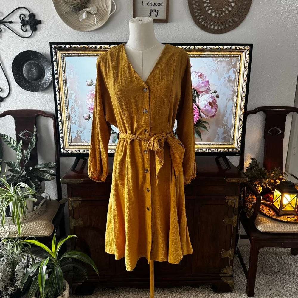Calvin Klein Mustard Yellow Belted Wrap Dress Size 4 - Picture 5 of 11